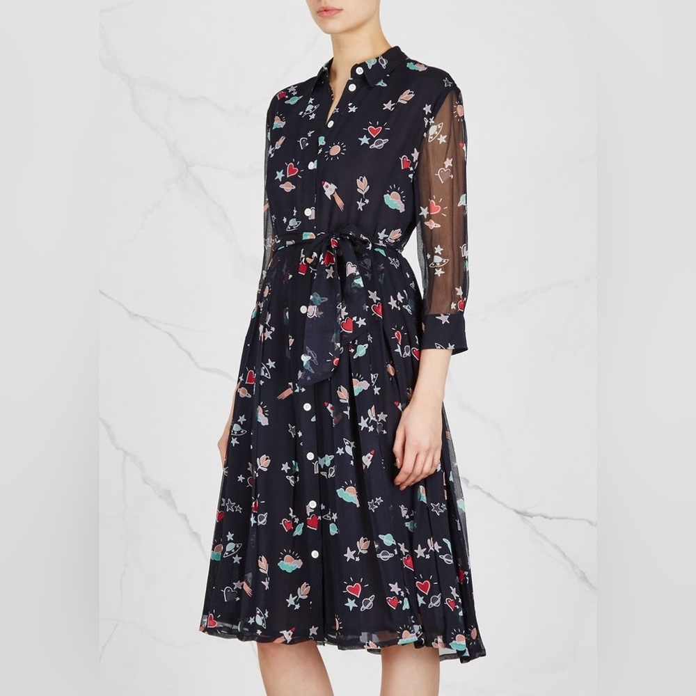 🚀✨ Emporio Armani PLANET-PRINT SILK CHIFFON SHIRT DRESS in Size 40🌛🌚